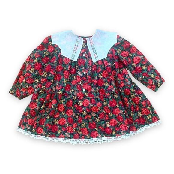 Vintage Bonnie Jean Dress Red Floral Holly Pinecone Holiday PrintVictorian
